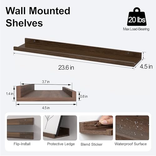 Image of Walnut Floating Shelves for Wall Decor, 24 in Shelf with Lip, 2 Set | 4.5 inch Deep Display Picture Ledge Shelf, Long Wall Mounted Storage Shelves for Bedroom, Bathroom, Living Room, Kitchen, Nursery