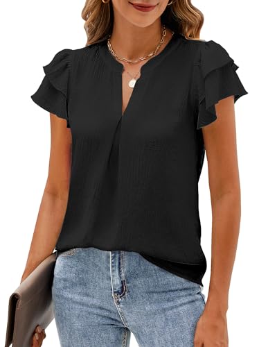 SimpleFun Womens Business Casual Tops Ruffle Short Sleeve V Neck Flowy Dressy Summer Blouses Shirts