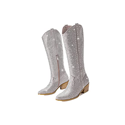 Image of Women's Embroidered Western Cowboy Mid-Calf Boots - Rider Boots - Mid-Height Boots Above Knee with Diamond Inlays