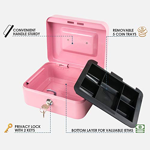 Image of Kyodoled Medium Cash Box with Money Tray,Small Safe Lock Box with Key,Cash Drawer,7.87 inchx 6.30 inchx 3.54 inch Pink Medium