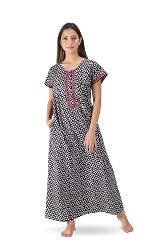 Image of NIHSAMAH Cotton Nighty for Women with Pocket, Premium Printed Long Nighty | Comfortable & Fancy Sleepwear /Nightwear