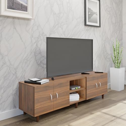 Image of VIKI Modern TV Unit for Living Room | Engineered Wood TV Cabinet with 4 Door Storage & Open Shelf, Set Top Box Stand, Entertainment Unit, 160W x 48H x 40D cm | DIY | 1 Year Warranty (Walnut)