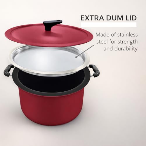 Image of Nolta Large Dum Biryani Pot (10L) + Extra Steel Lid for Dum, 1yr Replace-Guarantee, ISI Certified, Non-Toxic PFOA-Free Non-Stick Heavy Bottom Biriyani Handi (37cm, Matte Finish)