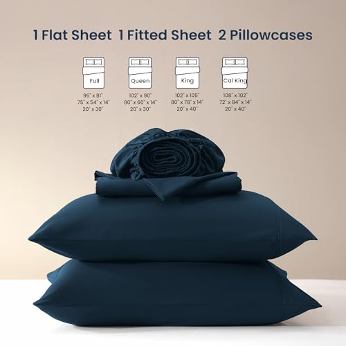 SLEEP ZONE Nanotex Super Soft Cooling Full Size Bed Sheets Set 4 Piece - Easy Care Fitted Flat Sheet & Pillowcase Sets - Wrinkle Free, Fade Resistant, Deep Pocket 16" (Navy Blue, Full)