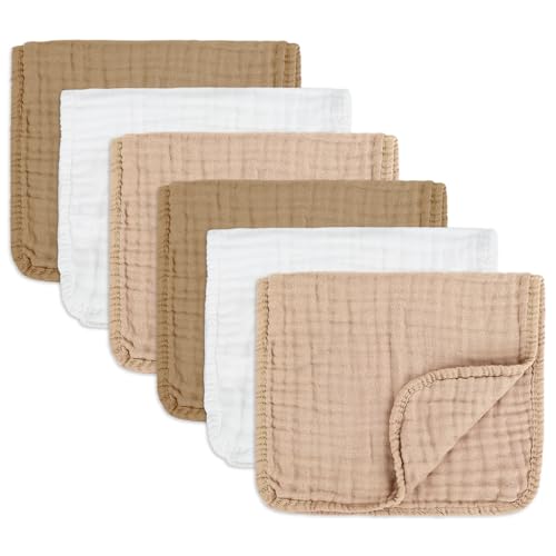 Image of NUEUAP Muslin Burp Cloths Soft and Breathable Burp Cloths Baby Girl 6 Pack 10x20 inches It is a Must-Baby Girl Newborn Essentials and Baby Essentials (6, White and Brown)