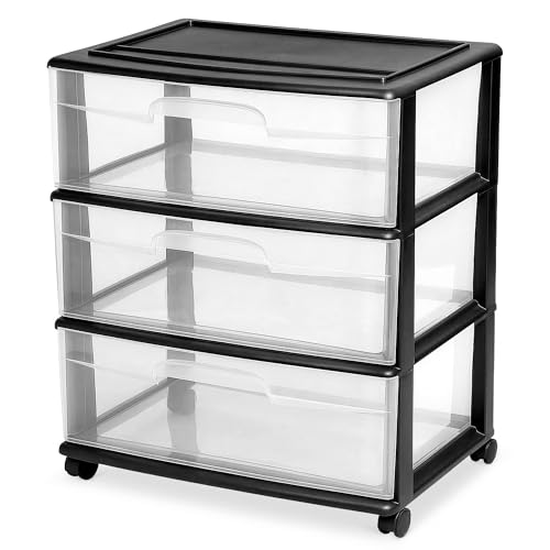HOMZ 3-Tier Clear Plastic Drawer Tower with Wheels