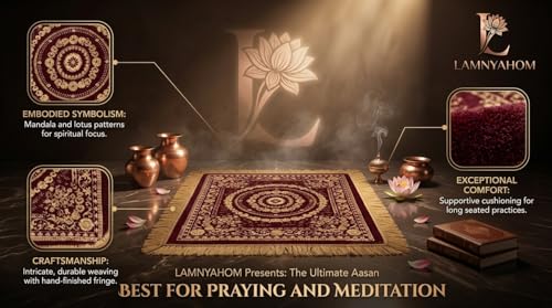 Image of Premium Prayer Mat /Aasan for Home Temple & Meditation | Soft Velvet Touch Cushioned Pooja Mat with Tassels | Washable Floor Rug for Mandir, Yoga, Sitting Mat | 20 x 20 Inch (RED)
