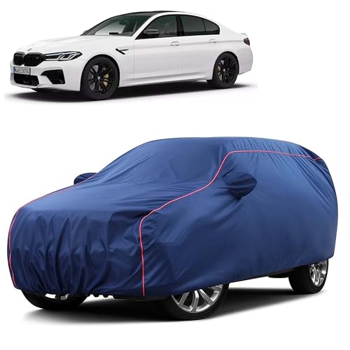 Image of Sulfar 100% Water Resistant Car Body Cover Compatible with Mirror for BMW M5 (Triple Stitched, Full Bottom Elastic, Blue Taffeta with Red Piping)