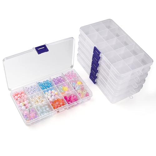 Vonsera 6 Stück Sortierbox für Kleinteile, Aufbewahrungsbox, Aufbewahrungsboxen mit 15 Raster Einstellbar, Sortierkasten für Basteln Perlen