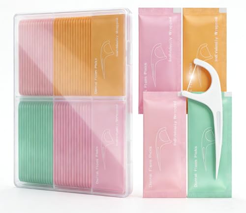 Individually Wrapped Floss Picks 60PCS Multi-Color Dental Floss Sticks Disposable Oral Care Flossers for Adults in Case Mini Single Use Tooth Floss for Travel Hotel Restaurant Office Car
