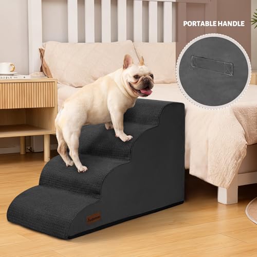 Image of Aodisman Dog Steps for Bed or Couch,4-Step Pet Stairs Ramp for Small Dogs | 17.4 inch H Indoor Non-Slip Dog Stairs Help Senior Dogs,Short-Legged Breeds,Puppies and Cats to Reach Beds and Chairs,Grey,Black