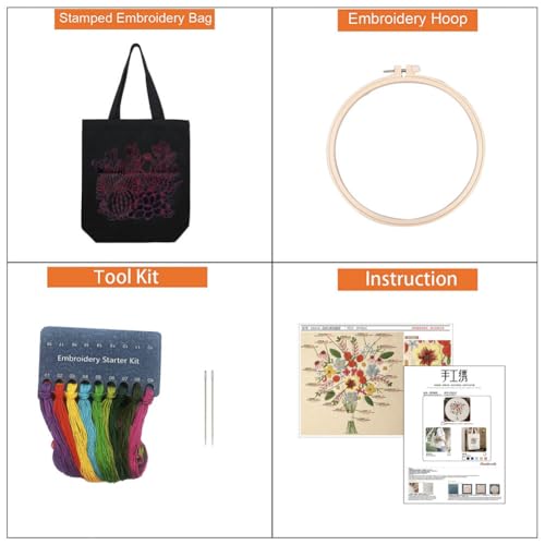 Image of Canvas Tote Bag Silk Ribbon Embroidery Kit for Beginners, Arts and DIY Crafts Kits with Pattern for Adults, Include Stamped Flower Pattern, Hoop, Color Silk Ribbons and Tool (Black Bag, Sunflower)