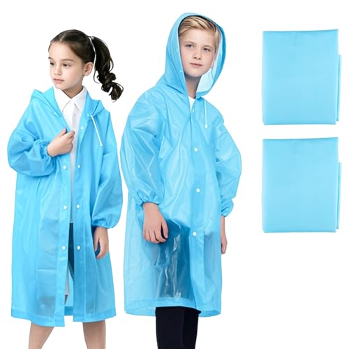 WOHSEROM 2 Pack Rain Ponchos for Kids Reusable,Thickened EVA Travel Raincoat Jacket with Hoods and Sleeves,Lightweight Light Blue Capes Ponchos for Boys and Girls Outdoor Camping Travel