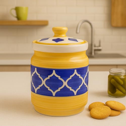 Image of Ceramic Jars (1000 ML) - Handcrafted Multipurpose Barni with Lid for Pickle, Chutney, Spices, Salt, Sugar - Kitchen Storage Containers, Yellow Blue