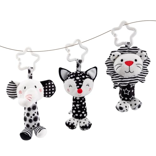 Image of JINBOBUBU Black & White Baby Wind Chime Hanging Toys - High Contrast Rattles for Newborns 0-12 Months, Stroller & Car Seat Mobile, Hanging Rattle Toys for Babies, Clip Hanging Plush Squeeze Toys