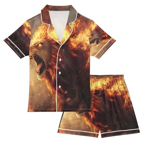 ALAZA Lion Flame Fire Animal Satin Pajamas Set Short Sleeve Button Down Sleepwear Summer Pjs 2 Piece