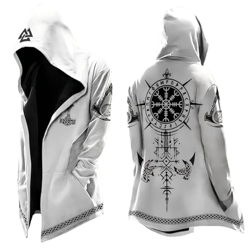 Caxndycing Veste de moto pour homme Mythe nordique Veste de moto longue Trench Coat Mi-Longueur Cardigan à capuche pour hommes Viking Runes Rétro Mode Personnalité Biker Cape, Blanc., 3XL