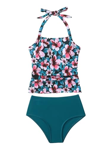 Image of YOURUIKEY Girls Tankini Swimsuit 2 Piece Halterneck Bathing Suit Adjustable Straps and Removable Bra for Girls and Teen 7-16Y