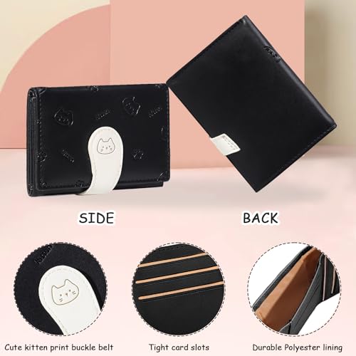 Sunwel Fashion Girls Wallets Kitten Embossed Cute Wallet with Cat Print Small Wallet with ID Credit Card Slots for Women (BLACK)4