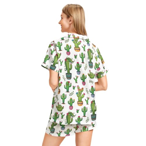 Image of Funny Pajamas for Women Set Print Satin Loungewear Pjs Short Sleeve Button Down Top and Shorts Sets Sleepwear XS-3XL