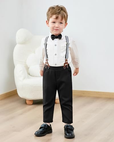 YALLET Toddler Baby Boy Clothes Suit Gentleman Outfits Formal Dress Shirt + Bowtie + Suspender Pants Wedding Party(L White-Black, 3-4T) - Thumbnail 3