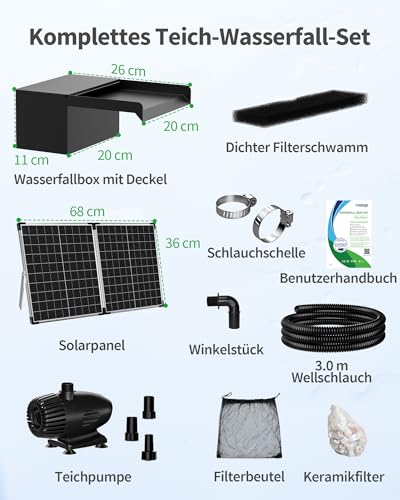 POPOSOAP Wasserfall Teich, 55W Solar Wasserfall mit Teichpumpe 2000 L/h, 20 cm breite Edelstahl-Wasserfall Box, 3,0 m Wellenrohr, betriebsbereit für Garten-Teichwasserfeatures im Außenbereich