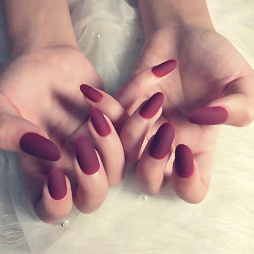 Fdesigner Coffin Matte False Nails Accessories Acrylic Fake Nails Tips Red Full Cover Long Clip on Nail French Artificial French Instant Nails for Wedding Party Date