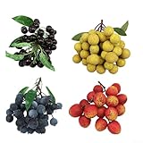 Juego de frutas artificiales amigables con decoración de cocina, compuesto por cerezas de arándanos y lichi Longan para estante de despensa, barra de desayuno y uso de mostrador de café (G)