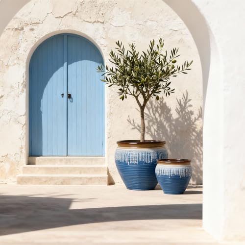 WORTH Clay-Pot-Style Plastic Planters Set of 2 (Large: 17"Dia x 16"H & Small: 13"Dia x 13"H), Blue-Glazed Plant Pot, Round Lightweight Flower Pots with Drainage Hole & Plug for Indoor & Outdoor Use by Worth - Used condition - Image 7