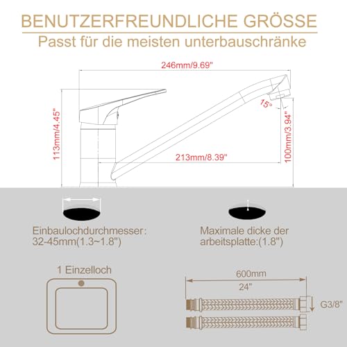 BELZ Küchenarmatur Wasserhahn, 360° Drehbare Einhebelmischer Mischbatterie, mit Keramikkartusche & 60cm Schlauch (Messing Chrom)