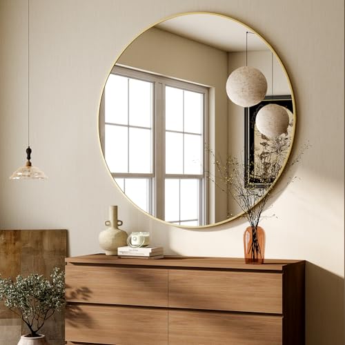 Image of HARRITPURE 48 Inch Round Mirror, Gold Circle Bathroom Mirror, Modern Aluminum Alloy Frame Large Vanity Wall Mirror for Living Room, Bedroom, Entryway