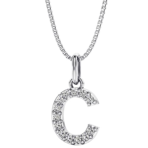 PEORA Lab Grown Diamond Initial Pendant Necklace Letter C in Platinum Plated Sterling Silver