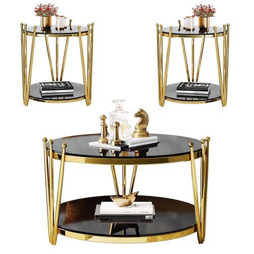 Round Glass Coffee Table Set of 3, Modern Luxury Black Gold End Table for Living Room 3 Piece, Circle 31.5inch Top Stainless Steel Crown Design, Black