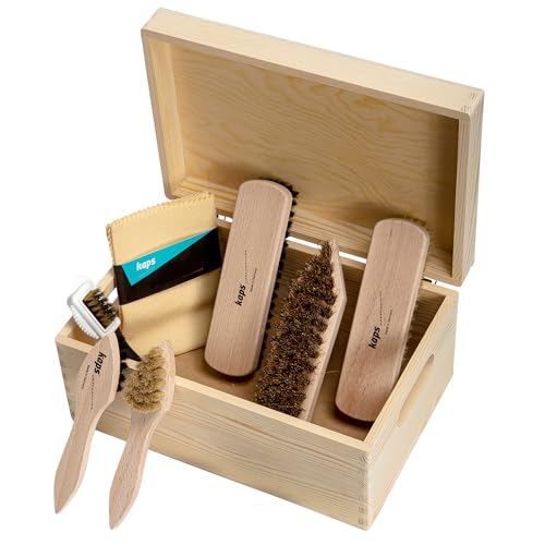 Kaps Kit Completo de Limpieza y Cuidado del Calzado, Set de 9 Artículos para el Cuidado de Botas y Zapatos de Cuero, Kit de Limpieza de Calzado con Caja de Madera de Regalo
