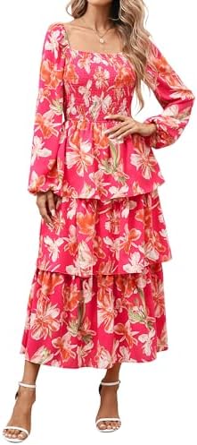 BTFBM Women Floral Maxi Dress Fall Fashion 2025 Boho Long Sleeve Square Neck Smocked Tiered Ruffle Flowy Wedding Dresses