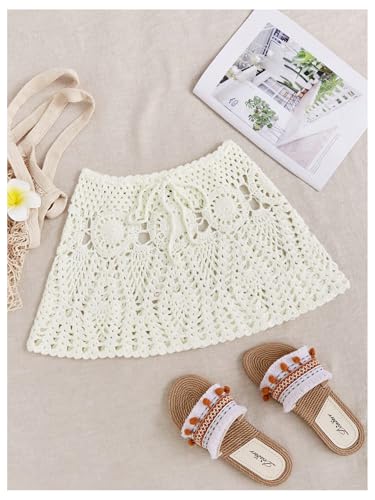 Verdusa Women's Hollow Out Crochet Knit Skirt Drawstring High Waist Mini Cover Up Skirt3
