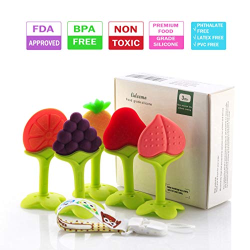 Baby Teething Toys, Soft Silicone Natural Bpa Free Fruit Teethers Set With Pacifier Clip/Holder For Toddlers & Infants (5 Pack) #TOP4