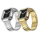 2 Pack Designed for Apple Watch Band, Wrist-Band for i-Watch Series 9 8 7 6 5 4 3 2 1 SE, Stainless Steel Metal Chain with TPU Cover Case, Smart-Watch Link Bracelet Strap, 45mm 44mm 42mm, Silver+Gold