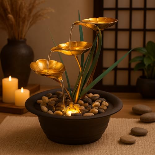 GEEZY Indoor Water Fountain - Lotus Design with LED Lights - Mains Powered & Self-Contained, Table Top, Relaxing & Tranquil - Perfect for Home, Living Room, Office Decor