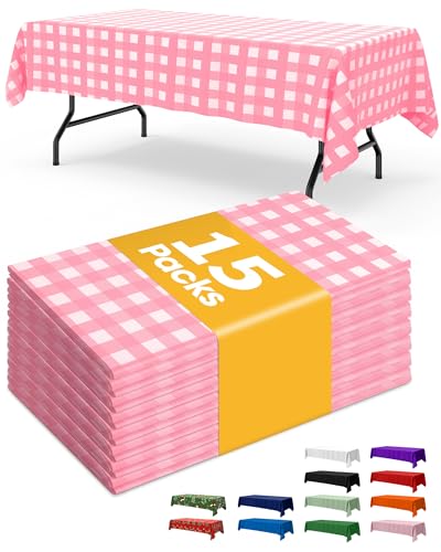 Niuara Pink and White Plastic Table Cloth Rectangle Table 15 Pack, 54''×108'' Tablecloth for 6ft Tables, Table Cloth for Disposable Use, Table Cover for Holiday Party, Gathering