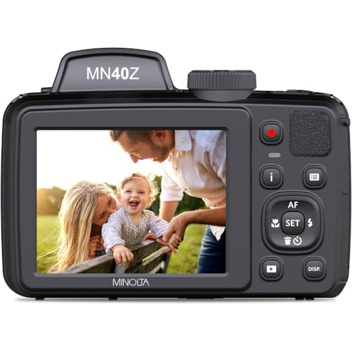 MINOLTA MN40Z 20 Mega Pixels 40x Optical Zoom Digital Camera with 1080p FHD Video, Black, Bundle with 64GB Memory Card + Vlog Tripod + 4xAA Battery with Charger + Accessories