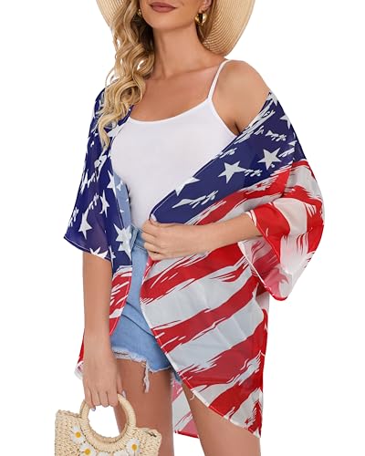 Image of Women's Floral Print Puff Sleeve Kimono Cardigan Loose Cover Up Casual Blouse Tops 2026