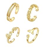 Chiorgone Juego de 4 anillos ajustables para el dedo del pie de oro para mujer – 4 piezas lindas joyas de verano para pies de playa – flor, amor, cola de ballena, diseños de doble banda, anillo de