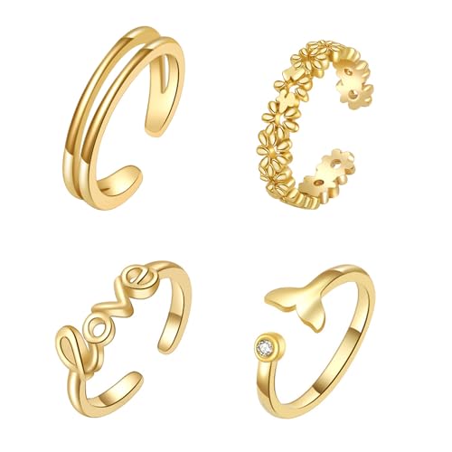 Chiorgone Adjustable Gold Toe Rings Set for Women - 4 Pcs Cute Summer Beach Foot Jewelry - Flower, Love, Whale Tail, Double Band Designs, Good Luck Toe Ring for Men/Women. (Golden)