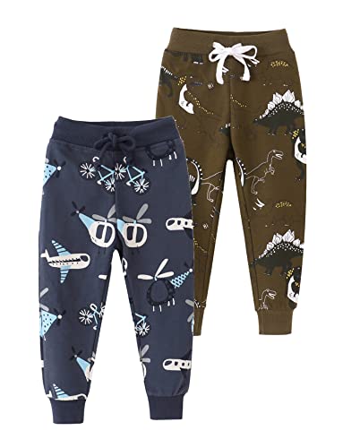 Image of HUAER& Baby Boy's Jogger Pants Dinosaur Car Animal Print Drawstring Elastic Sweatpants (1-Pack 2-Pack)