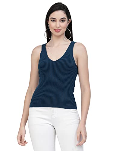 Image of Kalt Women Knitted, Ribbed Cotton Fitted Sleeveless V-Neck Cami Tank Top for Women Stylish