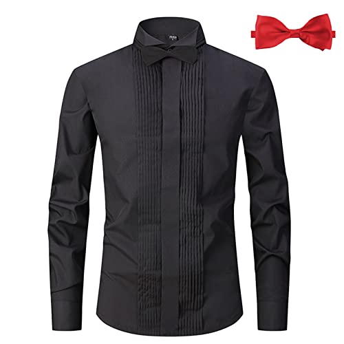 Men's Tuxedo Dress Shirt Wing Collar Front Pleat French Cuffs with 2 Bow Ties Button Down Shirts
