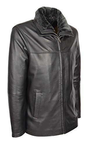 A1 FASHION GOODS Herren Echte Lederjacke Schwarz Zip-Box Abnehmbarer Kragen Hüfte Länge Parka-Mantel - William (XXXL - EU 56)