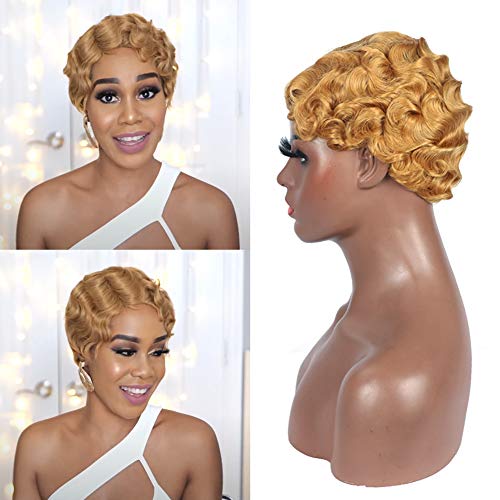 West Kiss Short Finger Wave Curly Wigs Brazilian Human Hair Super Short Pixie Cut Wigs Short Ocean Wavy Wig Fashion Style Mommy Wig Golden color (27#)