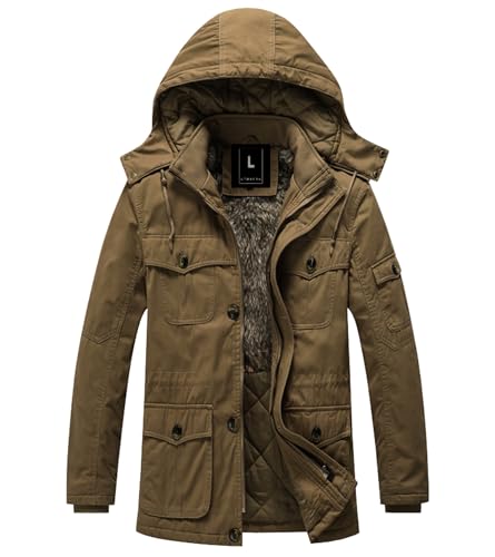 Image of L'MONTE Men's Heavy-Duty Winter Jacket - Cotton Outdoor Coat with Fleece Lining, Detachable Hood, and Multi-Pockets - Warm, Windproof & Stylish for Cold Weather
